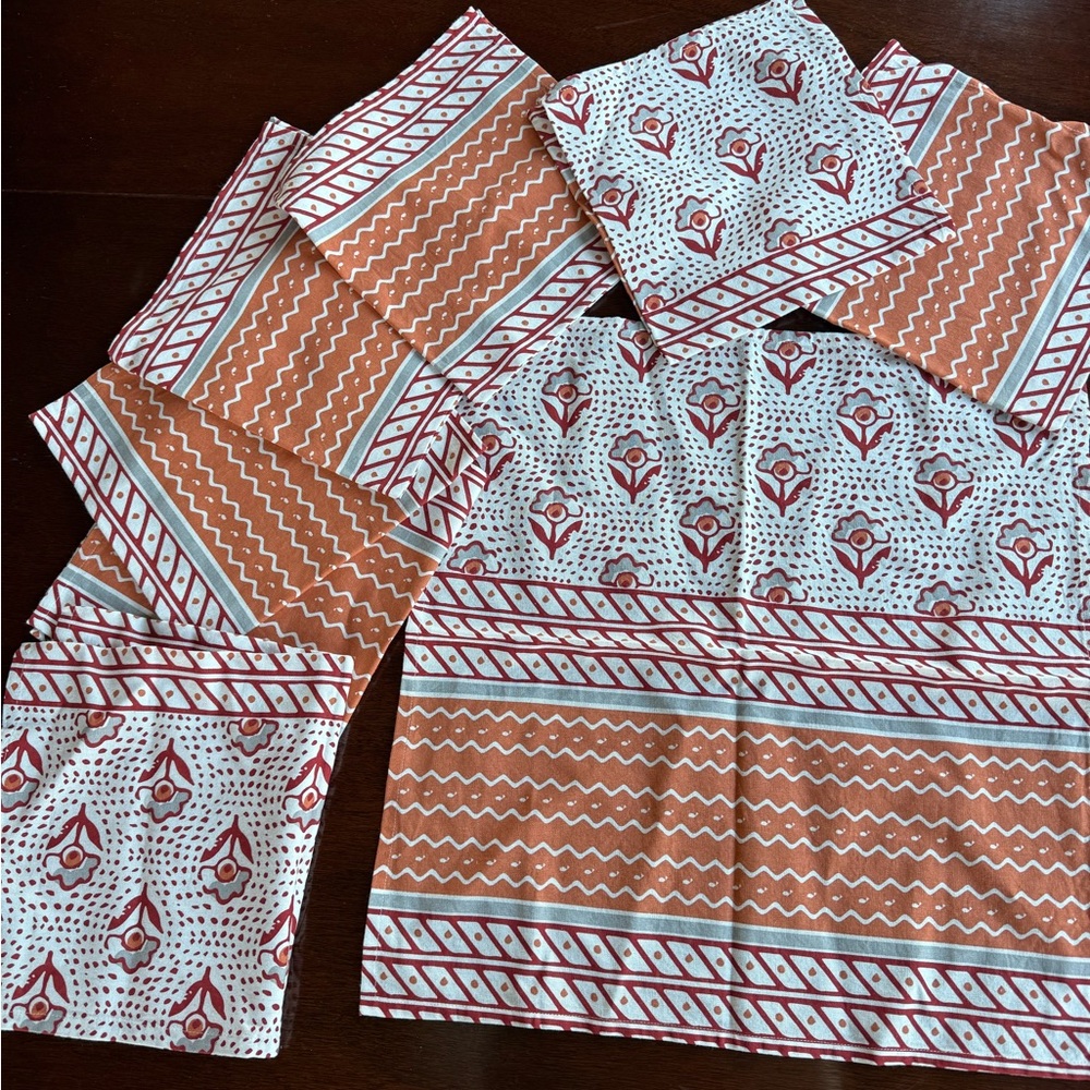 Viva by VIETRI Napkins–Set of 8–Block Print Floral & Stripe Pattern –100% Cotton